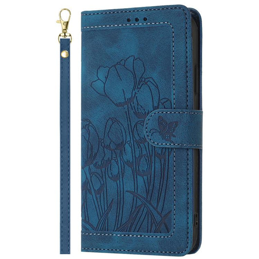 For Google Pixel 10 Tulips Embossed Leather Phone Case with Lanyard(Blue) - Google Cases by buy2fix | Online Shopping UK | buy2fix