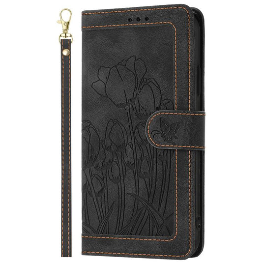 For Google Pixel 10 Tulips Embossed Leather Phone Case with Lanyard(Black) - Google Cases by buy2fix | Online Shopping UK | buy2fix