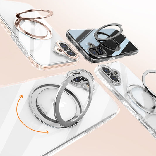For iPhone 16 Plus Gear Plating PC 360 Ring Holder Magsafe Phone Case(Transparent Black) - iPhone 16 Plus Cases by buy2fix | Online Shopping UK | buy2fix