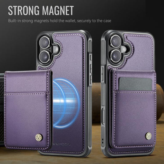 For iPhone 16 Plus JEEHOOD J06 British Style RFID MagSafe Card Bag PU Phone Case(Purple) by JEEHOOD