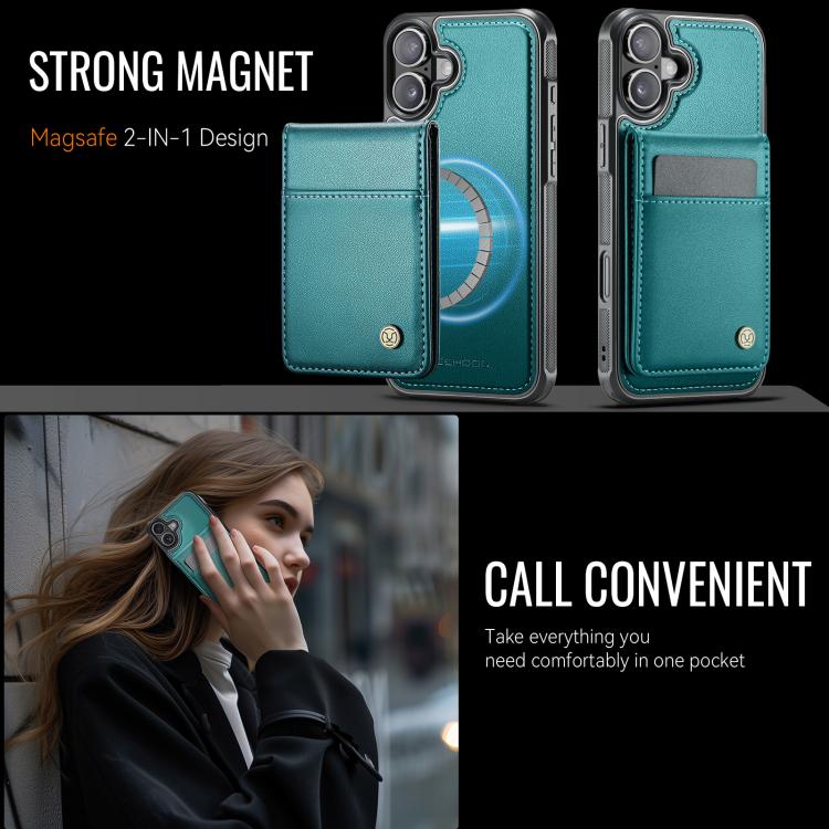 For iPhone 16 Plus JEEHOOD J06 British Style RFID MagSafe Card Bag PU Phone Case(Green) by JEEHOOD