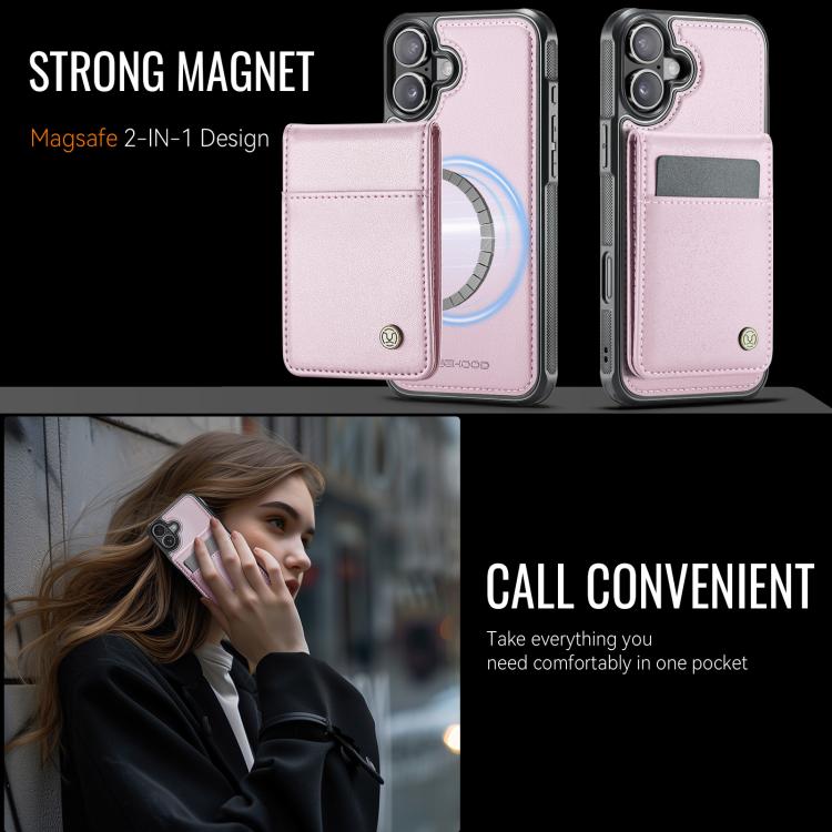 For iPhone 16 Plus JEEHOOD J06 British Style RFID MagSafe Card Bag PU Phone Case(Pink) by JEEHOOD