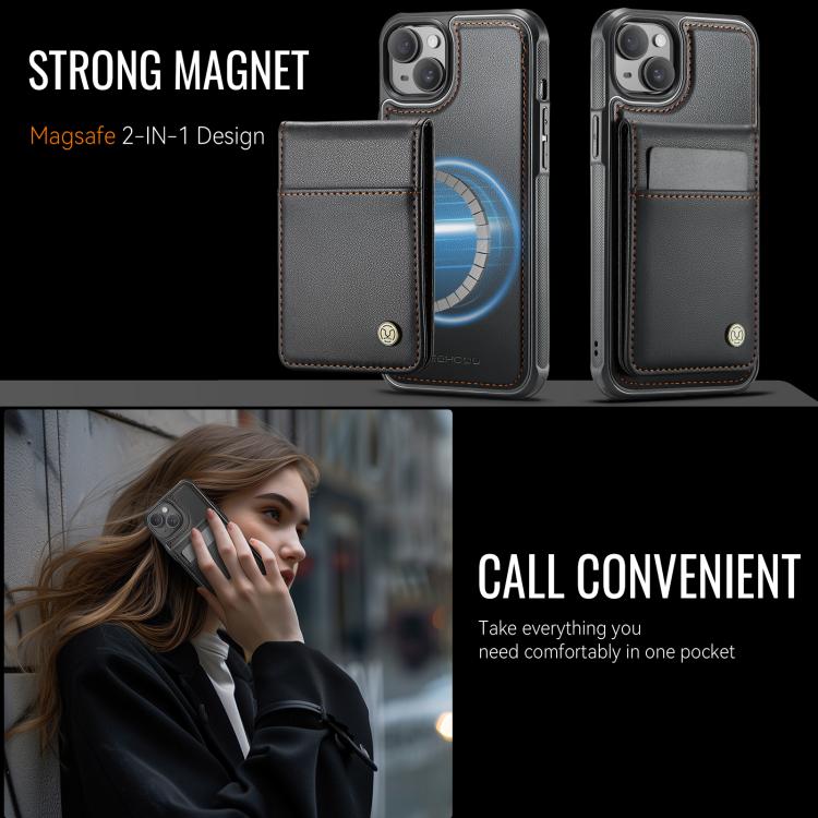 For iPhone 15 JEEHOOD J06 British Style RFID MagSafe Card Bag PU Phone Case(Black) - iPhone 15 Cases by JEEHOOD | Online Shopping UK | buy2fix