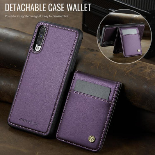 For Samsung Galaxy A50 JEEHOOD J06 British Style RFID MagSafe Card Bag PU Phone Case(Purple) - Galaxy Phone Cases by JEEHOOD | Online Shopping UK | buy2fix