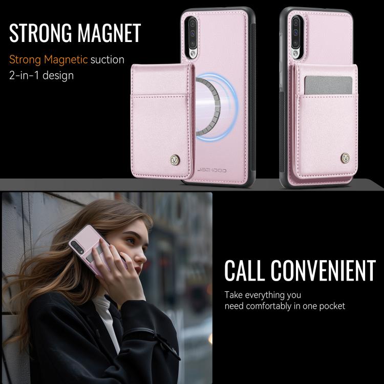 For Samsung Galaxy A50 JEEHOOD J06 British Style RFID MagSafe Card Bag PU Phone Case(Pink) - Galaxy Phone Cases by JEEHOOD | Online Shopping UK | buy2fix