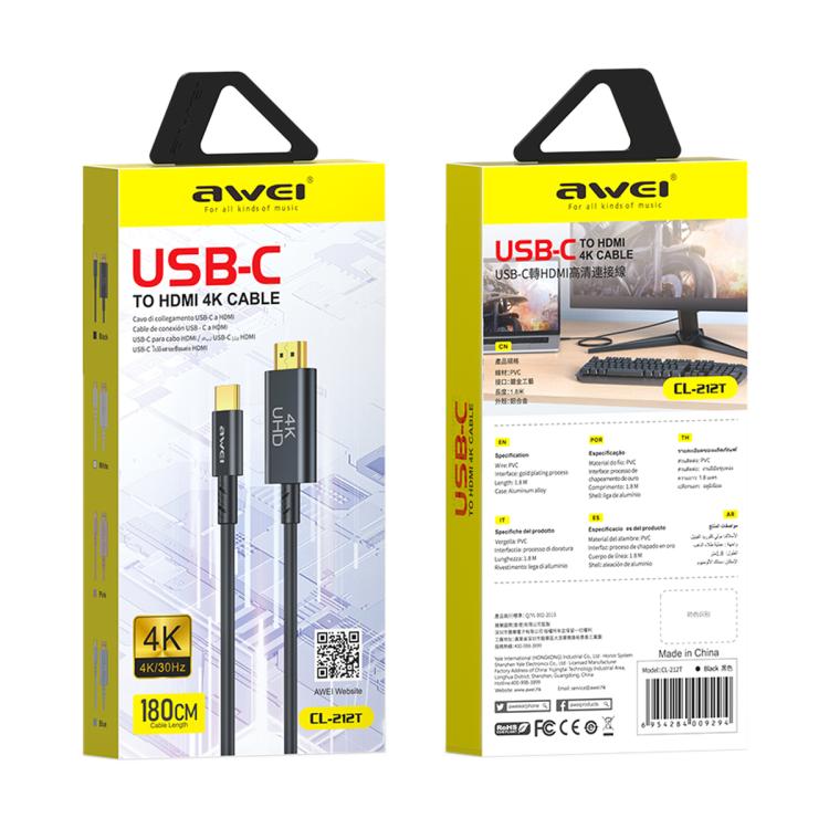 awei CL-212T USB-C / Type-C to HDMI 4K 30Hz HD Adapter Cable, Length:1.8m(Black) - Cable by awei | Online Shopping UK | buy2fix