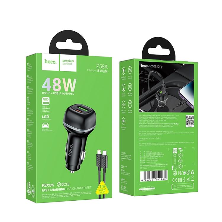 hoco Z58A Rank Dual Port PD30W and QC3.0 Car Charger Set with Type-C to 8 Pin Cable(Black) - Car Charger by hoco | Online Shopping UK | buy2fix