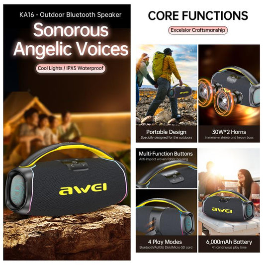 awei KA16 60W Portable Outdoor Bluetooth Speaker(Black) - Desktop Speaker by awei | Online Shopping UK | buy2fix