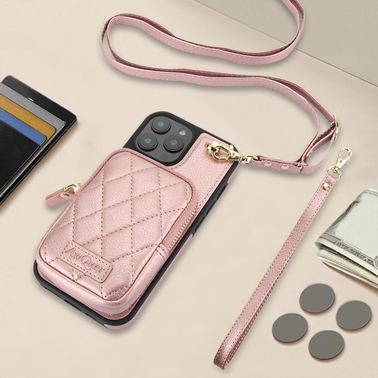 For iPhone 16 Pro Max AwQuer Crossbody Zipper Wallet Bag Litchi Leather Phone Case(Rose Gold) by Awquer