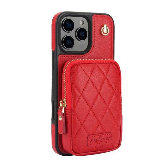 For iPhone 16 Pro AwQuer Crossbody Zipper Wallet Bag Litchi Leather Phone Case(Red) by Awquer