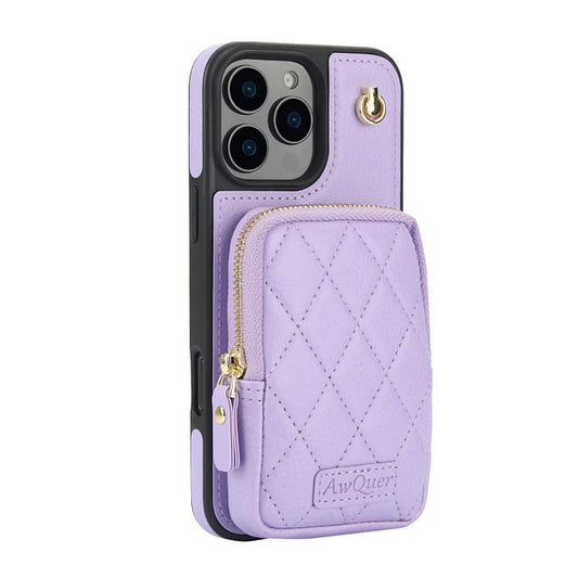 For iPhone 16 Pro AwQuer Crossbody Zipper Wallet Bag Litchi Leather Phone Case(Light Purple) by Awquer