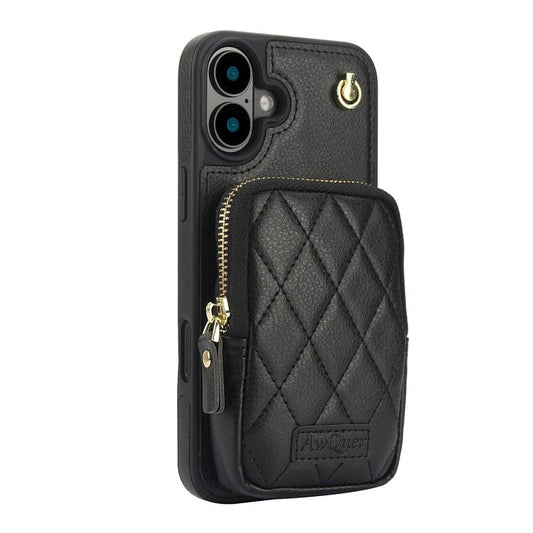 For iPhone 16 Plus AwQuer Crossbody Zipper Wallet Bag Litchi Leather Phone Case(Black) by Awquer