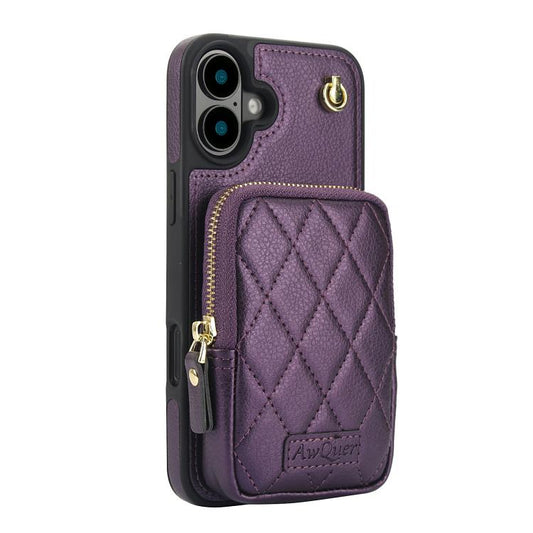 For iPhone 16 AwQuer Crossbody Zipper Wallet Bag Litchi Leather Phone Case(Dark Purple) by Awquer