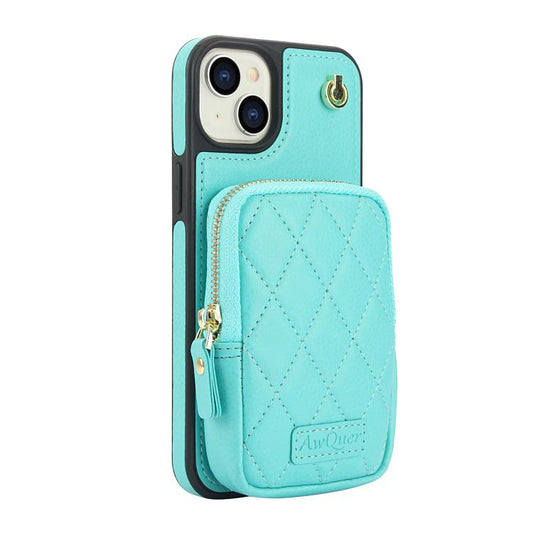 For iPhone 15 AwQuer Crossbody Zipper Wallet Bag Litchi Leather Phone Case(Mint Green) - iPhone 15 Cases by Awquer | Online Shopping UK | buy2fix