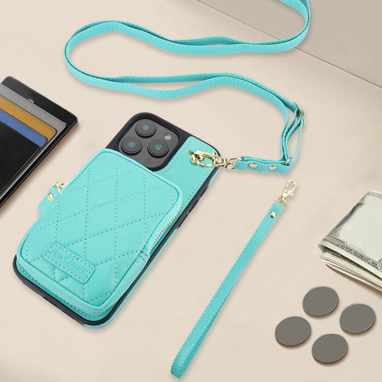 For iPhone 14 Plus AwQuer Crossbody Zipper Wallet Bag Litchi Leather Phone Case(Mint Green) - iPhone 14 Plus Cases by Awquer | Online Shopping UK | buy2fix