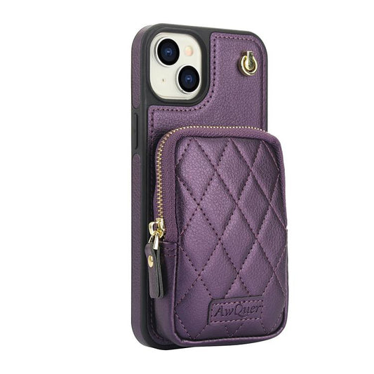 For iPhone 14 Plus AwQuer Crossbody Zipper Wallet Bag Litchi Leather Phone Case(Dark Purple) - iPhone 14 Plus Cases by Awquer | Online Shopping UK | buy2fix