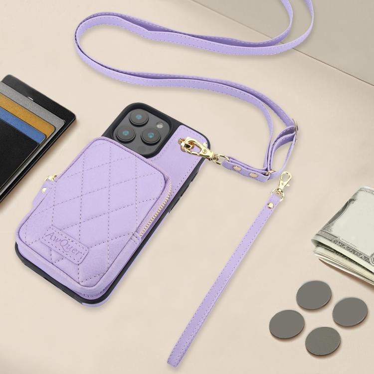 For iPhone 14 / 13 AwQuer Crossbody Zipper Wallet Bag Litchi Leather Phone Case(Light Purple) - iPhone 14 Cases by Awquer | Online Shopping UK | buy2fix