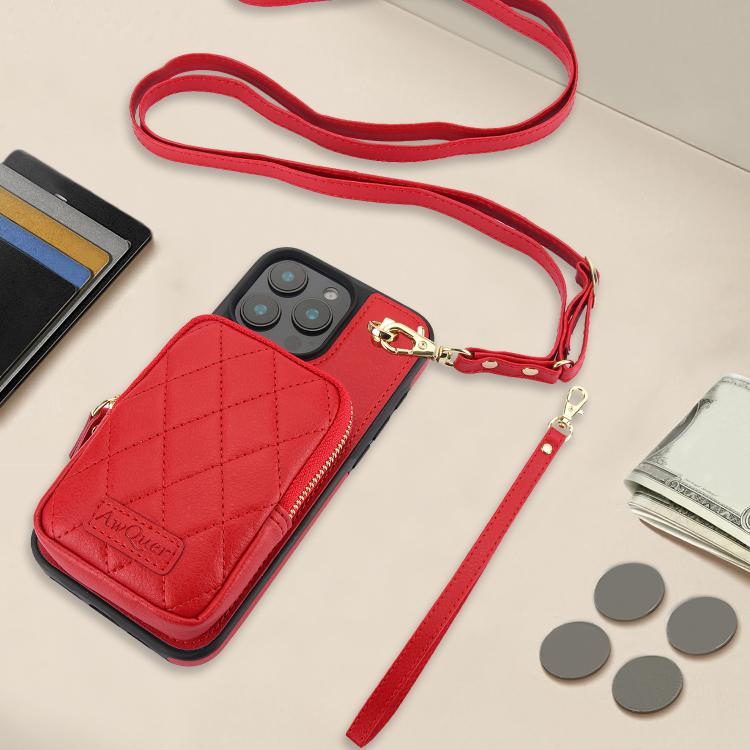 For iPhone 13 Pro AwQuer Crossbody Zipper Wallet Bag Litchi Leather Phone Case(Red) - iPhone 13 Pro Cases by Awquer | Online Shopping UK | buy2fix