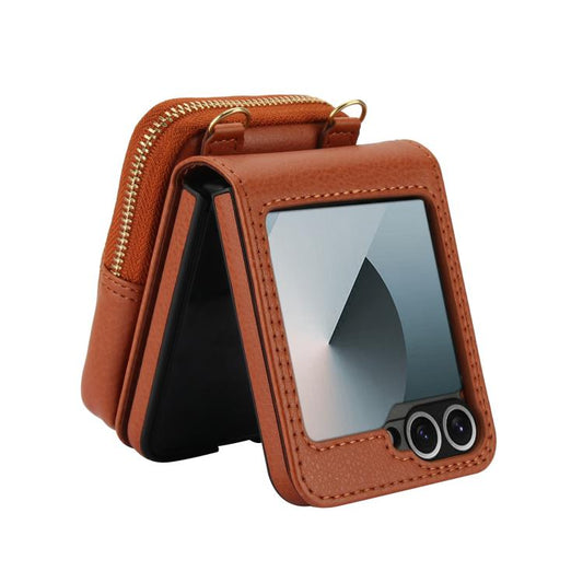 For Samsung Galaxy Z Flip6 / Flip7 FE AwQuer Crossbody Zipper Wallet Bag Litchi Leather Phone Case(Brown) - Galaxy Z Flip6 5G Cases by Awquer | Online Shopping UK | buy2fix
