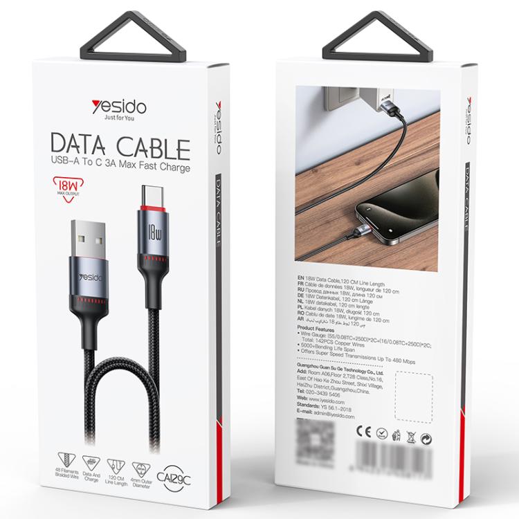 Yesido CA129C 18W 3A USB to USB-C / Type-C Charging Data Cable, Length: 1.2m(Black) - USB-C & Type-C Cable by Yesido | Online Shopping UK | buy2fix