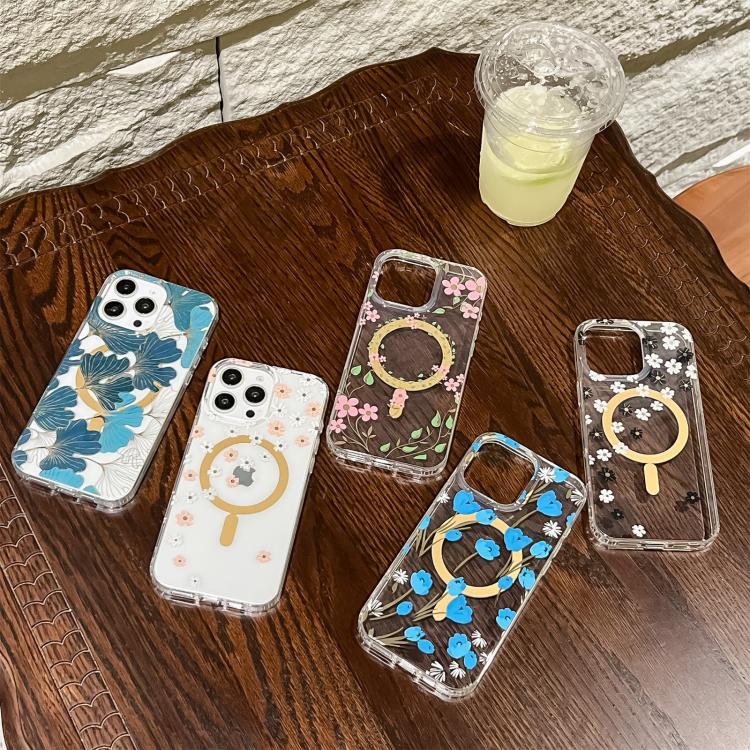 For iPhone 17 Pro Dual-side Laminating IMD MagSafe Phone Case(Blue Flowers) - iPhone 17 Pro Cases by buy2fix | Online Shopping UK | buy2fix