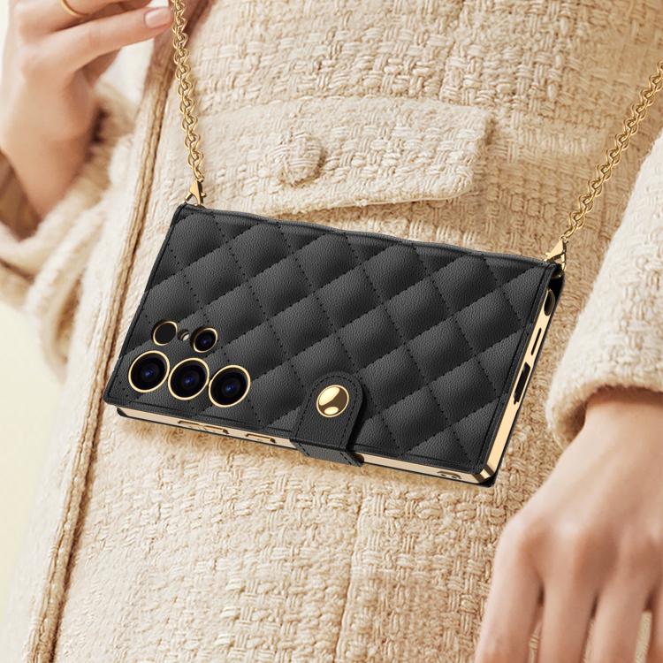 For Samsung Galaxy S25 Ultra 5G GKK Plating Diamond Texture Leather Phone Case With Crossbody Chain(Black) - Galaxy S25 Ultra 5G Cases by GKK | Online Shopping UK | buy2fix