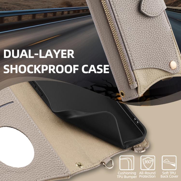 For iPhone 16 Plus Crossbody Chain Fishtail Litchi Leather Phone Case(Grey) - iPhone 16 Plus Cases by buy2fix | Online Shopping UK | buy2fix