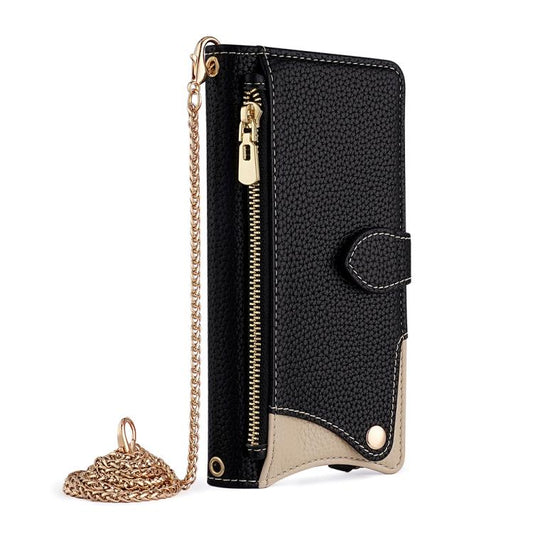 For iPhone 15 Crossbody Chain Fishtail Litchi Leather Phone Case(Black) - iPhone 15 Cases by buy2fix | Online Shopping UK | buy2fix