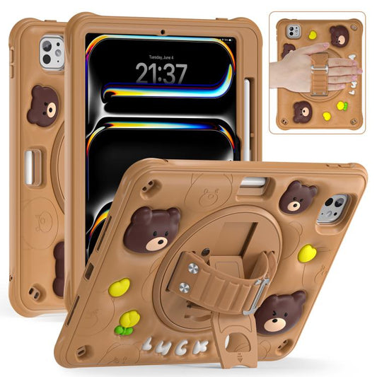 For iPad Pro 11 2024 Bear Rotation Kickstand Silicone Hybrid PC Tablet Case(Brown) - iPad Pro 11 2024 Cases by buy2fix | Online Shopping UK | buy2fix