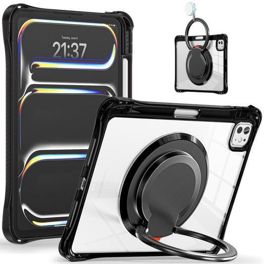 For iPad Pro 13 2024 Rotation Ring Handle TPU Hybrid Clear PC Tablet Case(Black) - iPad Pro 13 2024 Cases by buy2fix | Online Shopping UK | buy2fix