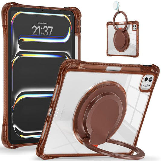 For iPad Pro 13 2024 Rotation Ring Handle TPU Hybrid Clear PC Tablet Case(Chocolate) - iPad Pro 13 2024 Cases by buy2fix | Online Shopping UK | buy2fix