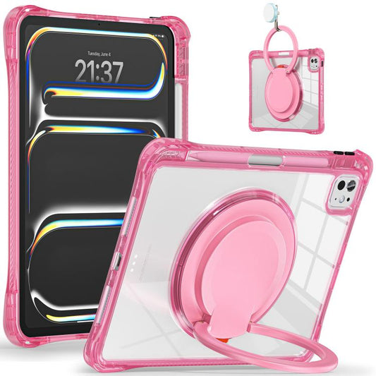 For iPad Pro 11 2024 Rotation Ring Handle TPU Hybrid Clear PC Tablet Case(Red Rose) - iPad Pro 11 2024 Cases by buy2fix | Online Shopping UK | buy2fix