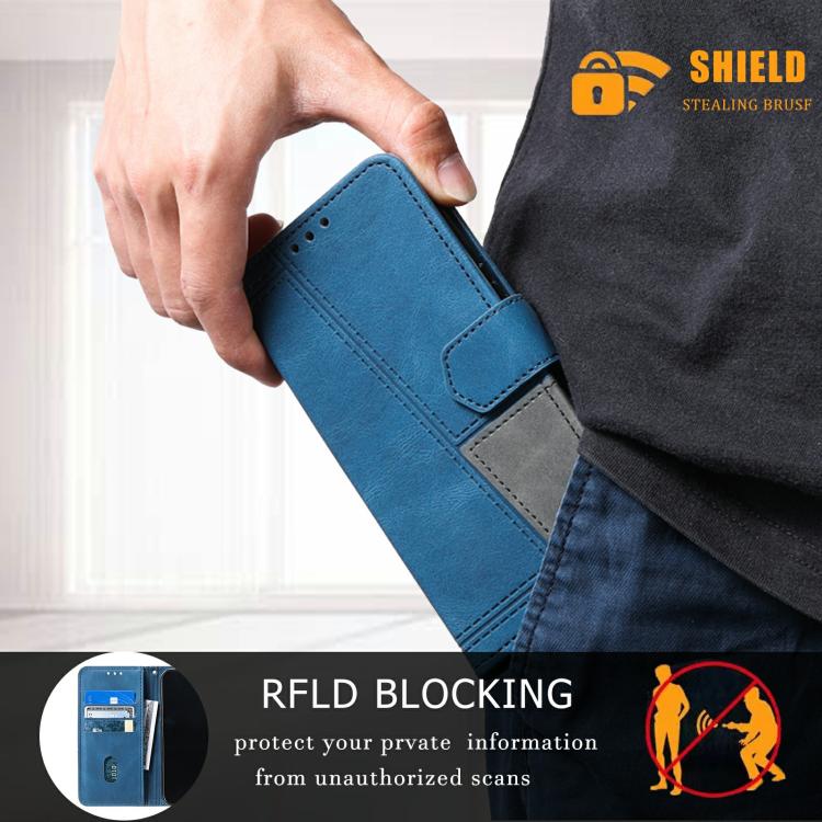 For iPhone 16e TTUDRCH Embossed Line Splicing Leather Phone Case(Blue) - iPhone 16e Cases by buy2fix | Online Shopping UK | buy2fix