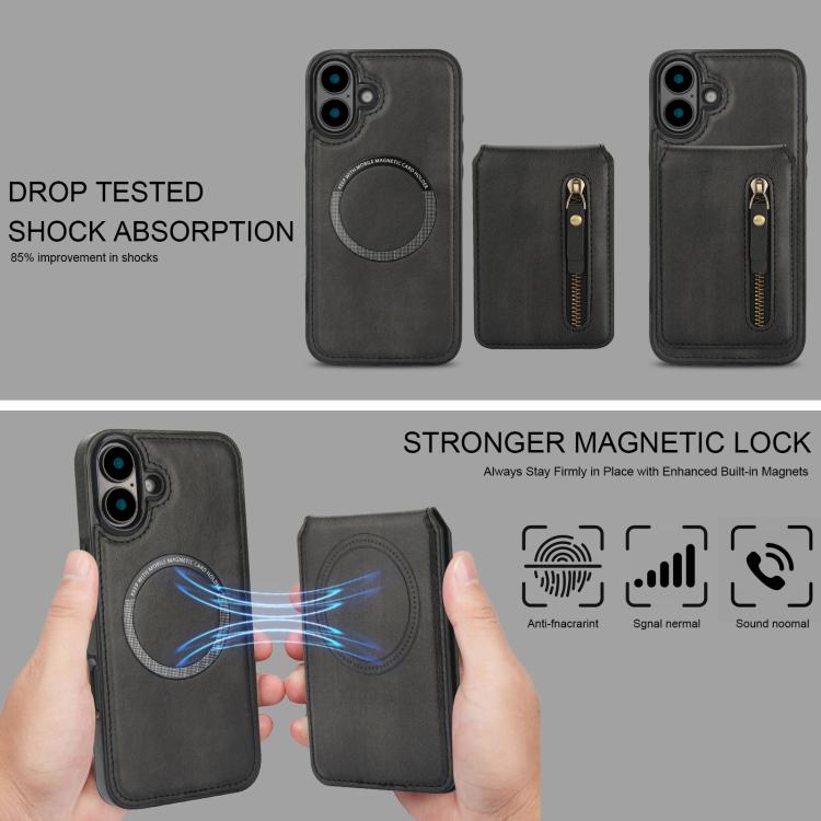 For iPhone 16 Zipper Wallet Split MagSafe Leather Back Phone Case(Black) - iPhone 16 Cases by buy2fix | Online Shopping UK | buy2fix