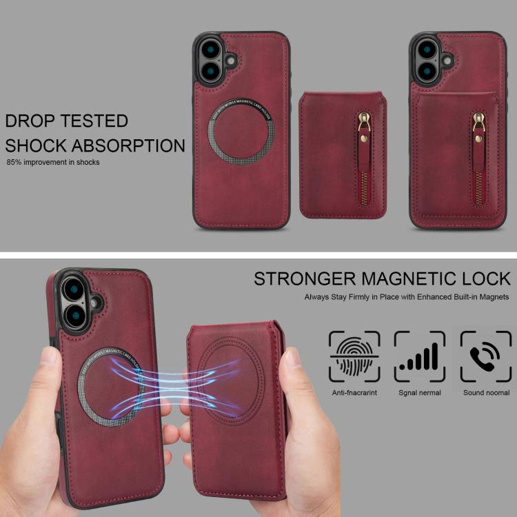 For iPhone 16 Zipper Wallet Split MagSafe Leather Back Phone Case(Red) - iPhone 16 Cases by buy2fix | Online Shopping UK | buy2fix