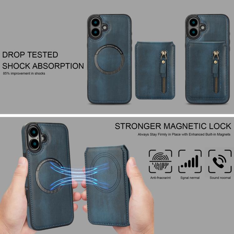 For iPhone 16 Zipper Wallet Split MagSafe Leather Back Phone Case(Blue) - iPhone 16 Cases by buy2fix | Online Shopping UK | buy2fix
