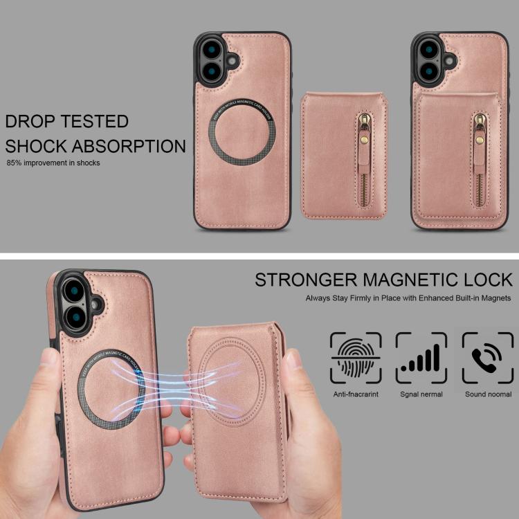 For iPhone 16 Zipper Wallet Split MagSafe Leather Back Phone Case(Rose Gold) - iPhone 16 Cases by buy2fix | Online Shopping UK | buy2fix