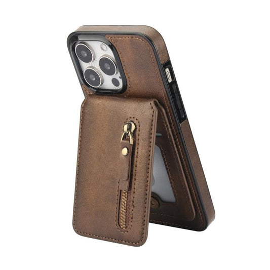 For iPhone 14 Pro Max Zipper Wallet Split MagSafe Leather Back Phone Case(Brown) - iPhone 14 Pro Max Cases by buy2fix | Online Shopping UK | buy2fix