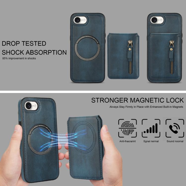 For iPhone 16e Zipper Wallet Split MagSafe Leather Back Phone Case(Blue) - iPhone 16e Cases by buy2fix | Online Shopping UK | buy2fix