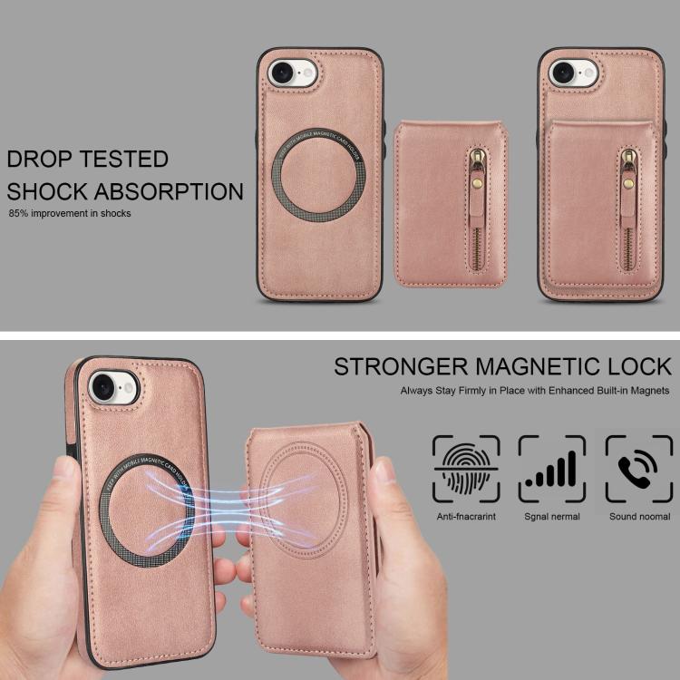For iPhone 16e Zipper Wallet Split MagSafe Leather Back Phone Case(Rose Gold) - iPhone 16e Cases by buy2fix | Online Shopping UK | buy2fix