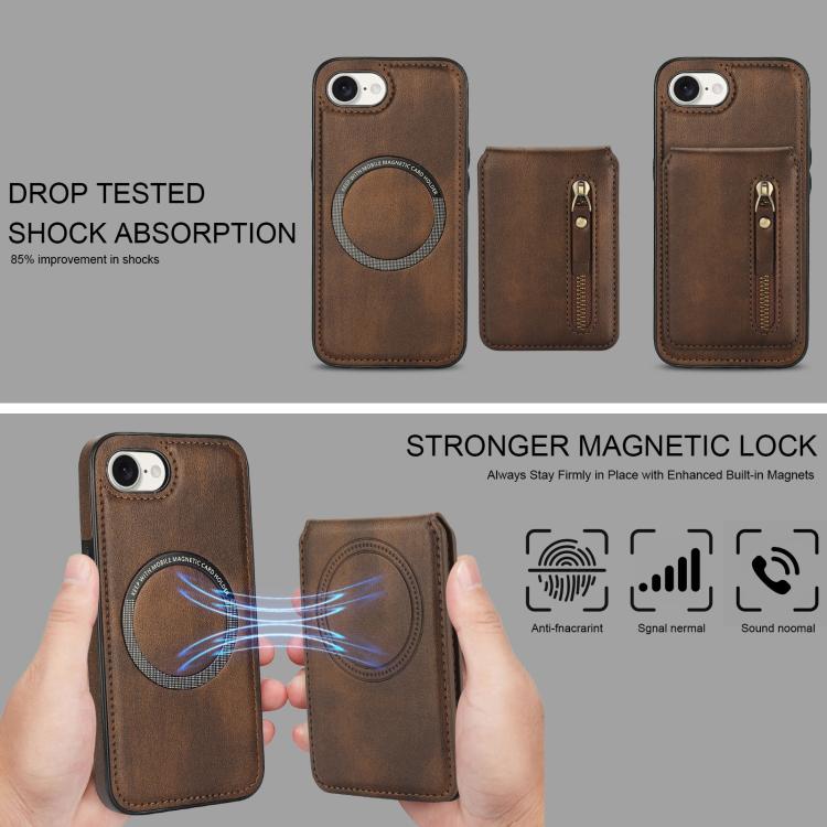 For iPhone 16e Zipper Wallet Split MagSafe Leather Back Phone Case(Brown) - iPhone 16e Cases by buy2fix | Online Shopping UK | buy2fix