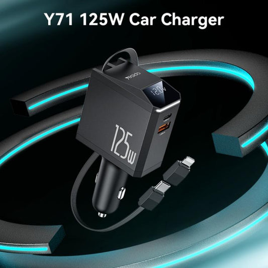 Yesido Y71 125W Type-C + 8 Pin Retractable Cable 3 in 1 Car Charger(Black) - Car Charger by Yesido | Online Shopping UK | buy2fix