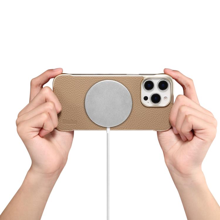 For iPhone 15 Denior A20 Genuine Leather Litchi Texture MagSafe Frameless Phone Case(Khaki) - iPhone 15 Cases by Denior | Online Shopping UK | buy2fix