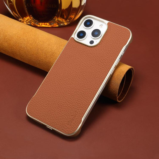 For iPhone 15 Pro Denior A20 Genuine Leather Litchi Texture MagSafe Frameless Phone Case(Brown) - iPhone 15 Pro Cases by Denior | Online Shopping UK | buy2fix