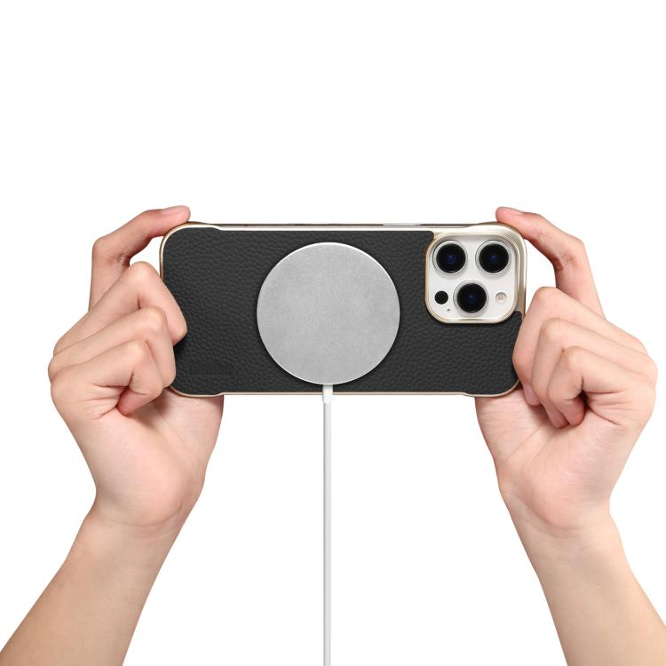 For iPhone 16 Denior A20 Genuine Leather Litchi Texture MagSafe Frameless Phone Case(Black) - iPhone 16 Cases by Denior | Online Shopping UK | buy2fix