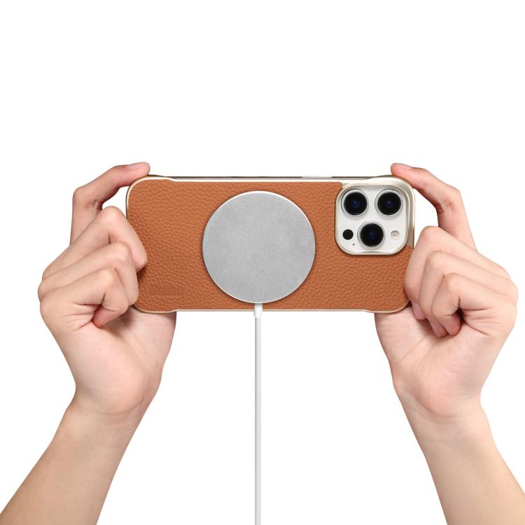For iPhone 16 Denior A20 Genuine Leather Litchi Texture MagSafe Frameless Phone Case(Brown) - iPhone 16 Cases by Denior | Online Shopping UK | buy2fix