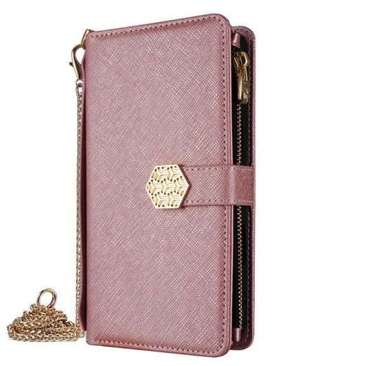 For iPhone 16 Pro Crossbody Handle Cross Texture Leather Phone Case(Rose Gold) - iPhone 16 Pro Cases by buy2fix | Online Shopping UK | buy2fix