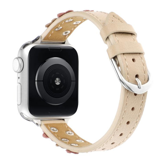 For Apple Watch 46mm / 49mm / 45mm / 44mm Kalebol Studded Flower Leather Strap(Milk Apricot) - Watch Bands by Kalebol | Online Shopping UK | buy2fix