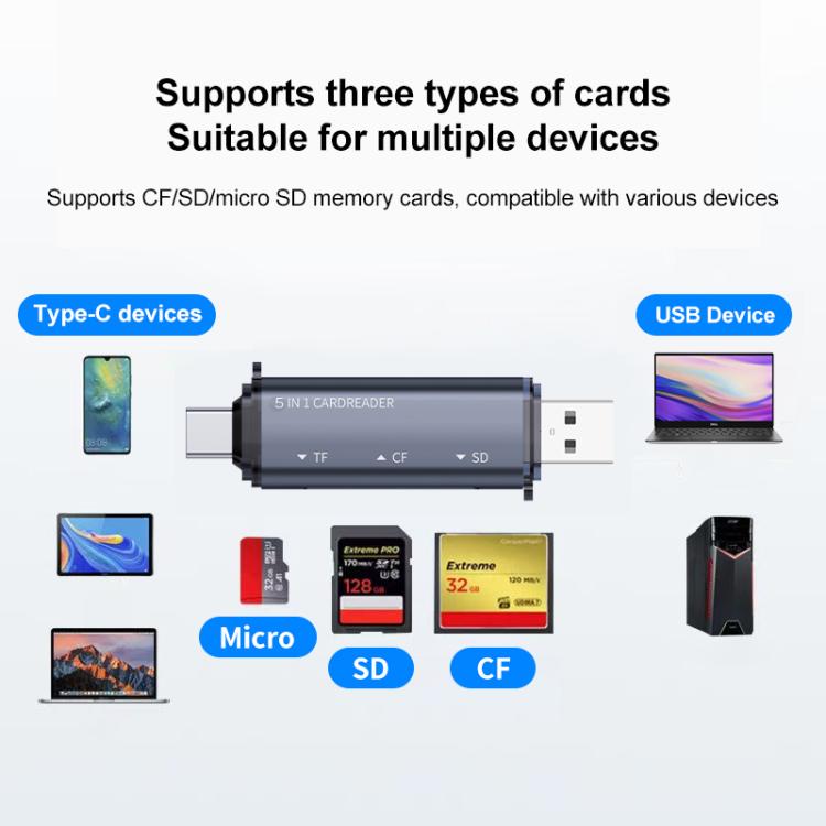 ADS-318 Type-C 5 in 1 Multi-Function Card Reader(Grey) - U Disk & Card Reader by buy2fix | Online Shopping UK | buy2fix