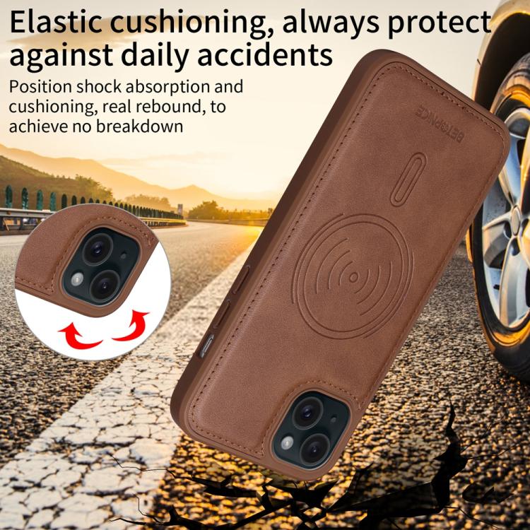 For iPhone 15 Plus BETOPNICE Horizontal Flip Detachable MagSafe Wallet Phone Case(Brown) - iPhone 15 Plus Cases by BETOPNICE | Online Shopping UK | buy2fix